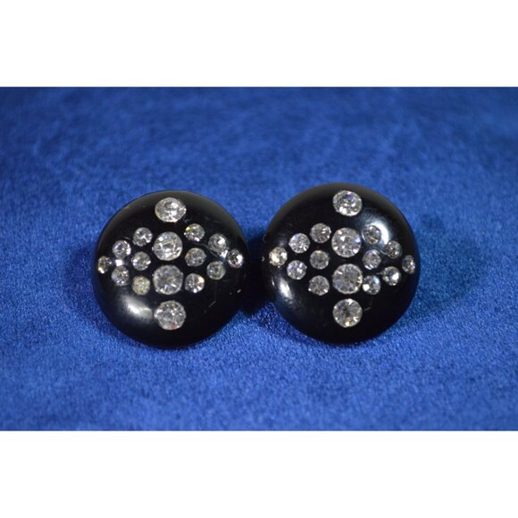 Vintage Black Circle Celluloid Plastic Gemstone Clip On Earrings Rhinestone - Picture 3 of 8